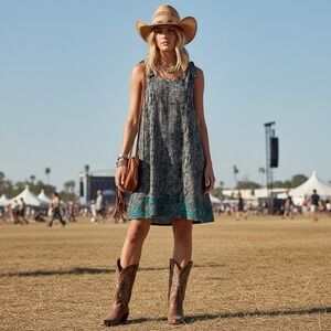 THML Black Ripple Print Teal Embroidered Hem Coachella Festival Rodeo Tribal L